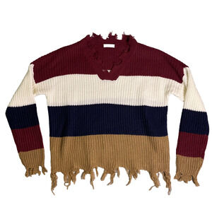Full Circle Trends Color Block Knit Sweater Womens 1X Burgundy Camel Distressed